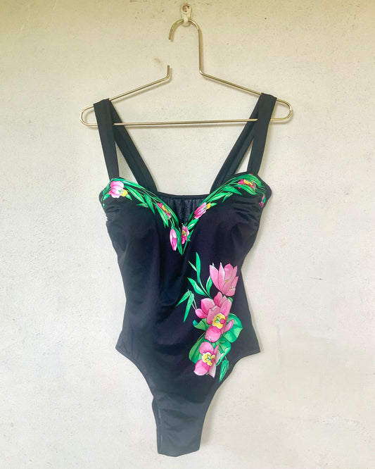 Maillot de bain une pièce noir avec fleurs vintage années 80