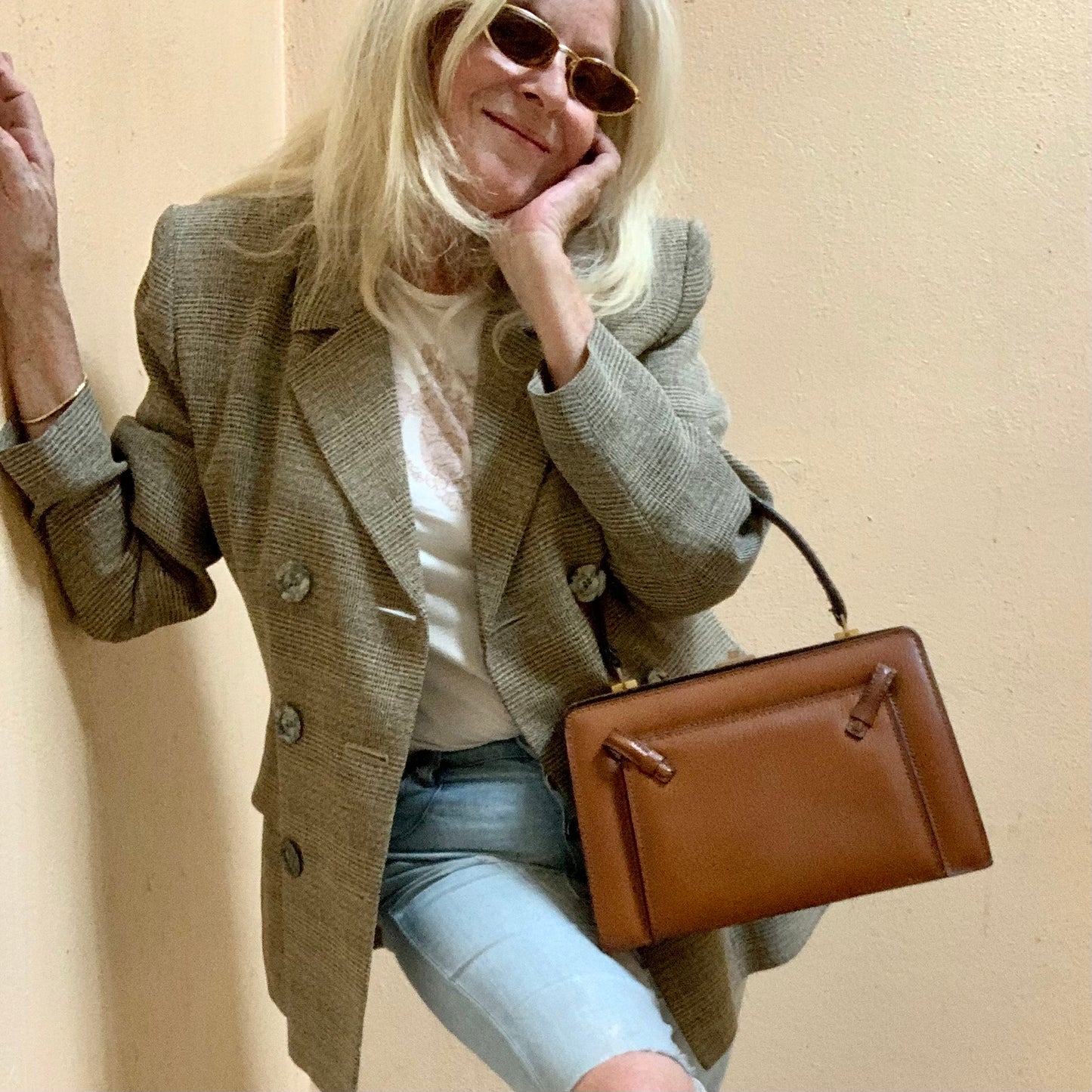 Tailleur jupe Yves Saint Laurent Variation carreaux Prince de Galles beige et noir Vintage