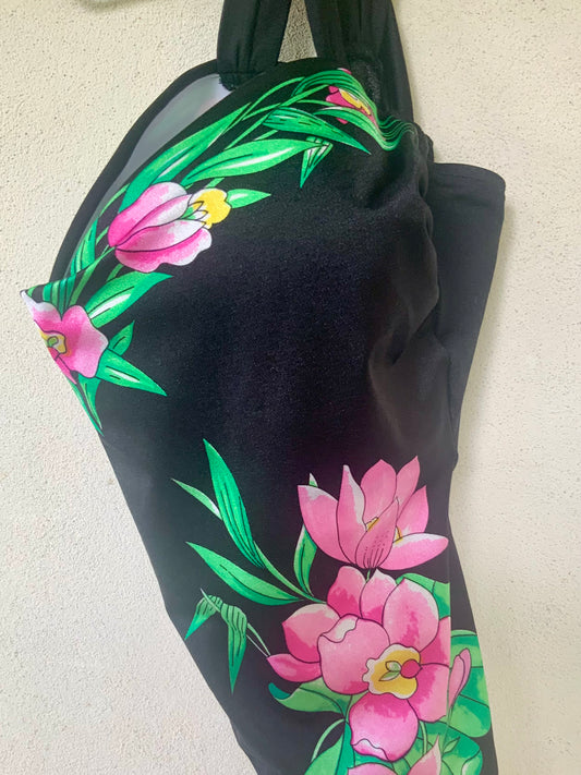 Maillot de bain une pièce noir avec fleurs vintage années 80