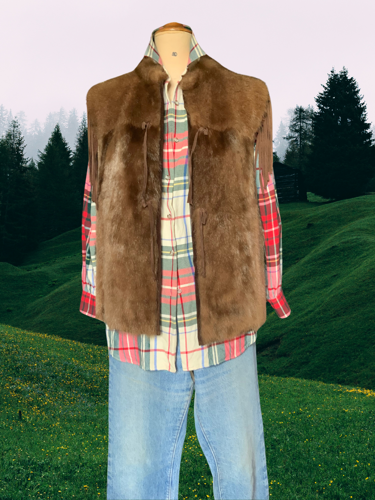 Gilet femme sans manche en fourrure avec franges en daim