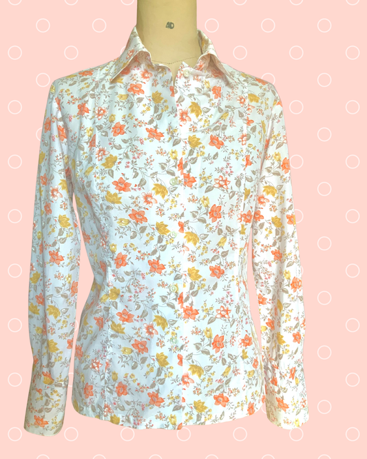 Chemisier femme fleuri orange et jaune Alain Figaret vintage 90