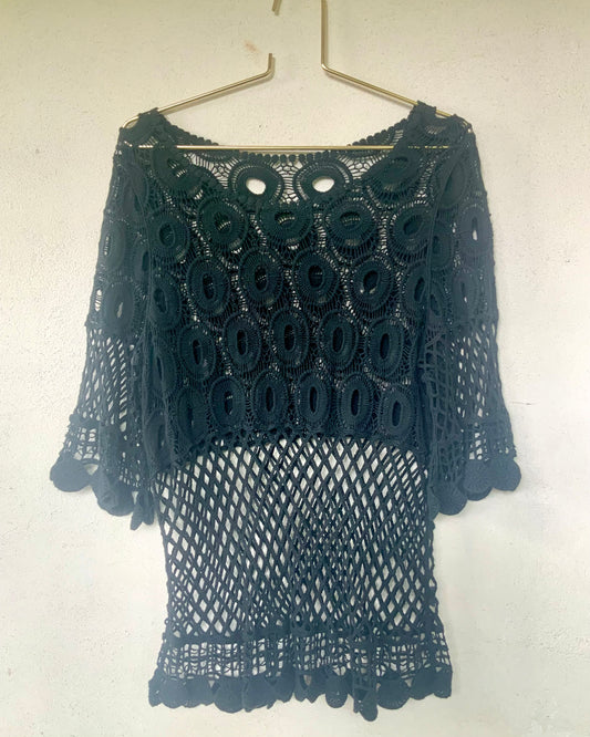 Top en maille crochet et filet noir vintage années 90
