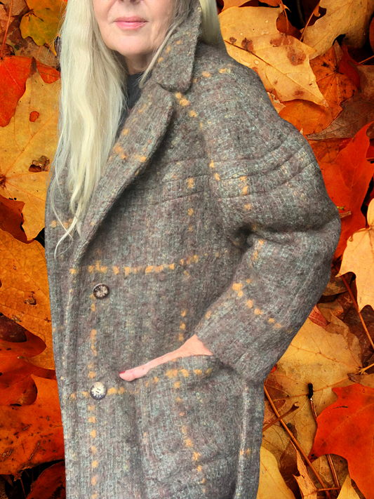 Caban femme Hermès en laine bouclette vert kaki / marron