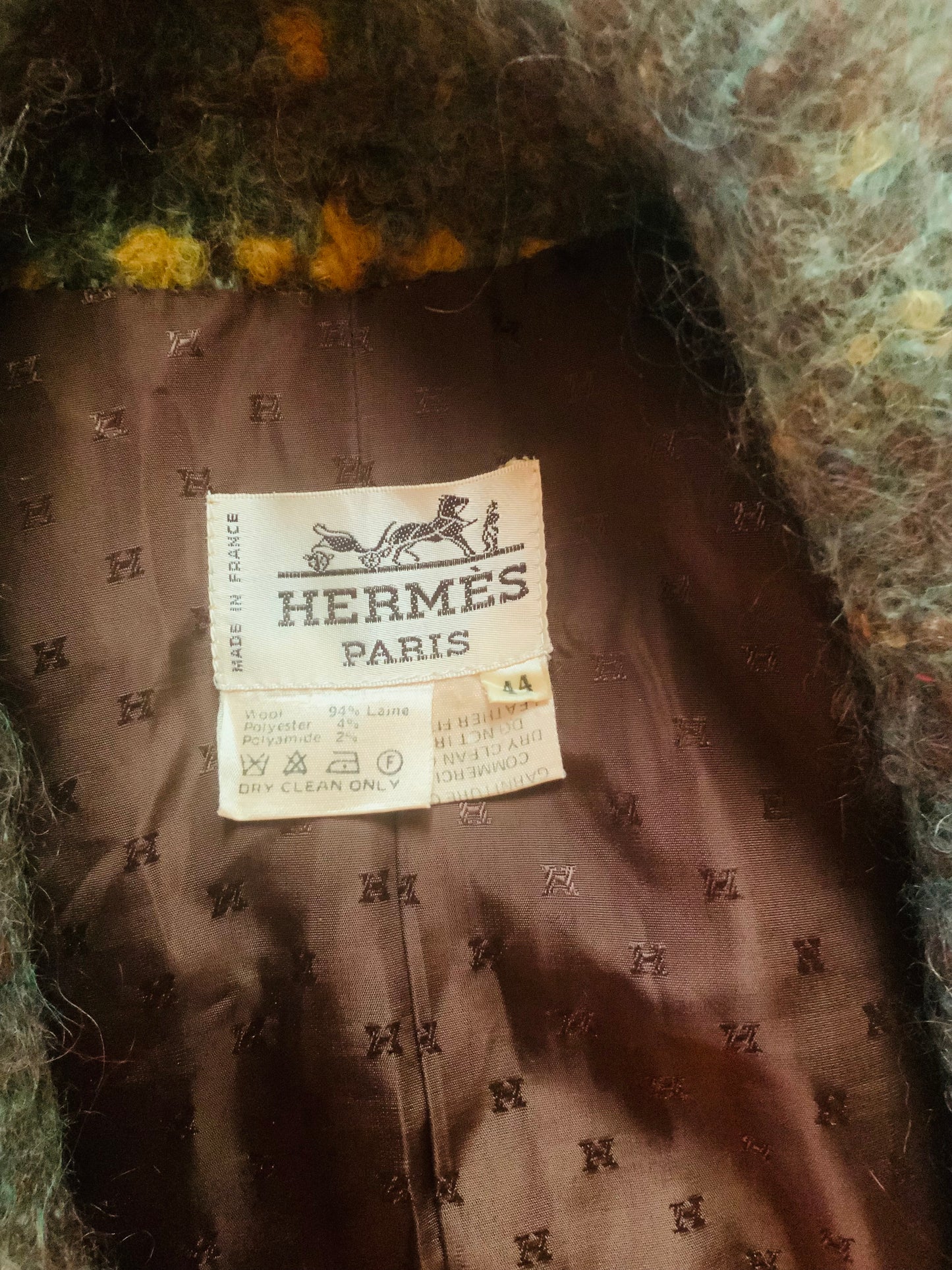 Caban femme Hermès en laine bouclette vert kaki / marron