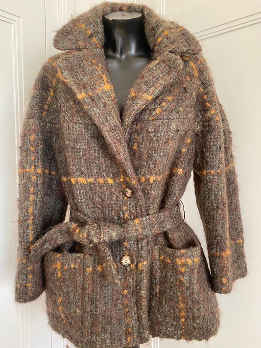 Caban femme Hermès en laine bouclette vert kaki / marron