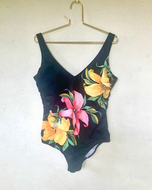 Maillot de bain une pièce noir Blubay motifs fleurs avec strass colorés vintage