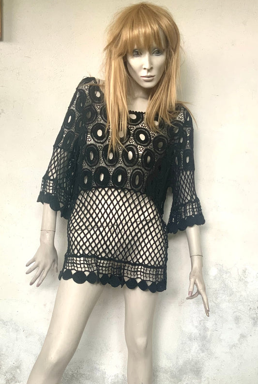 Top en maille crochet et filet noir vintage années 90