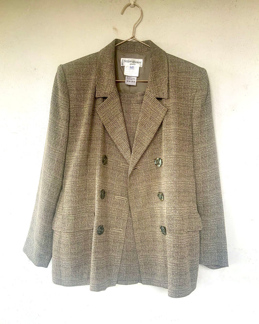 Tailleur jupe Yves Saint Laurent Variation carreaux Prince de Galles beige et noir Vintage