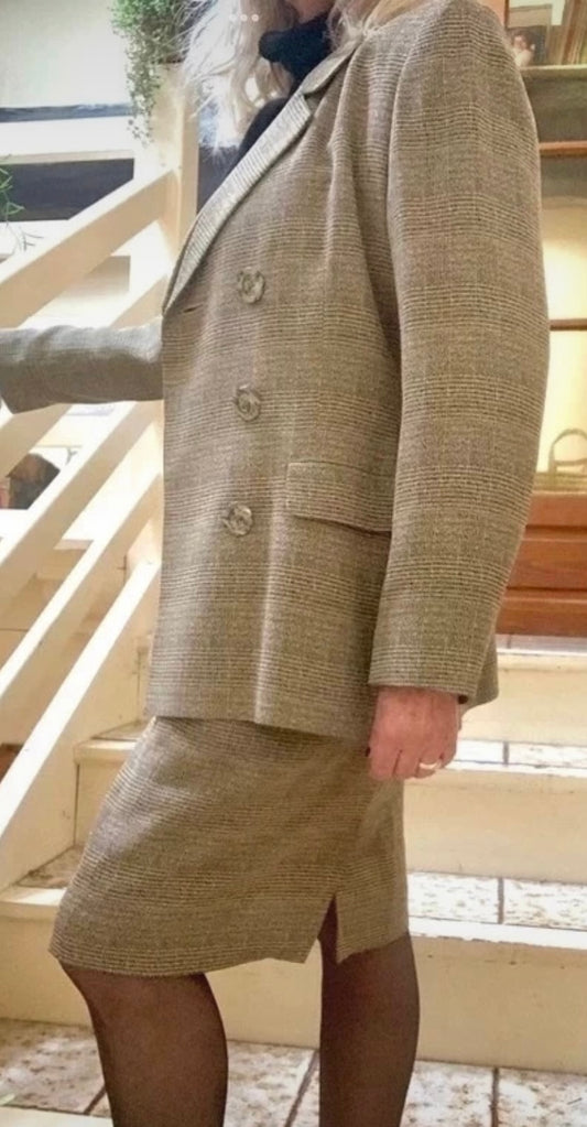 Tailleur jupe Yves Saint Laurent Variation carreaux Prince de Galles beige et noir Vintage