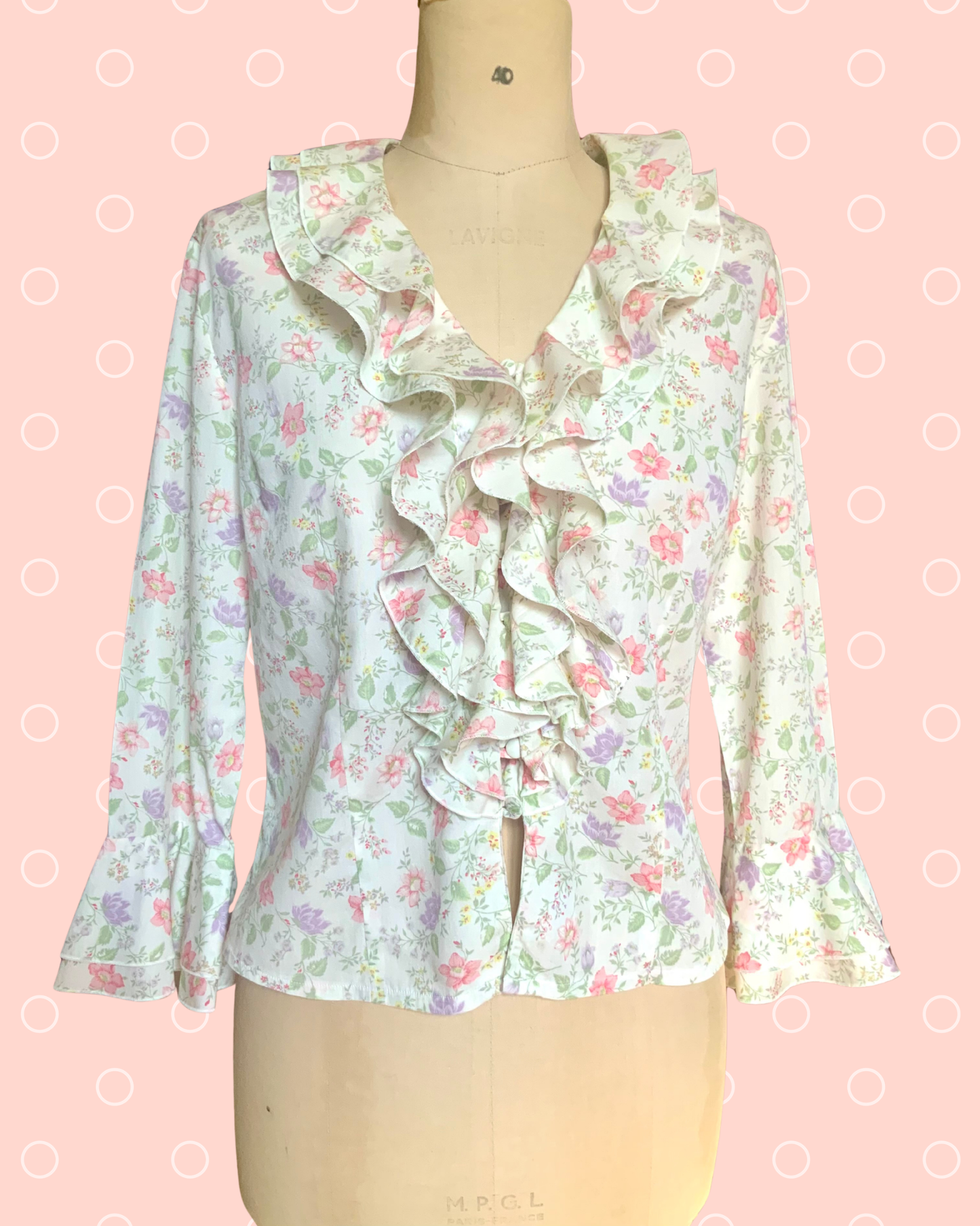 Chemisier femme decolleté volanté et motif fleuri Alain Figaret vintage 90