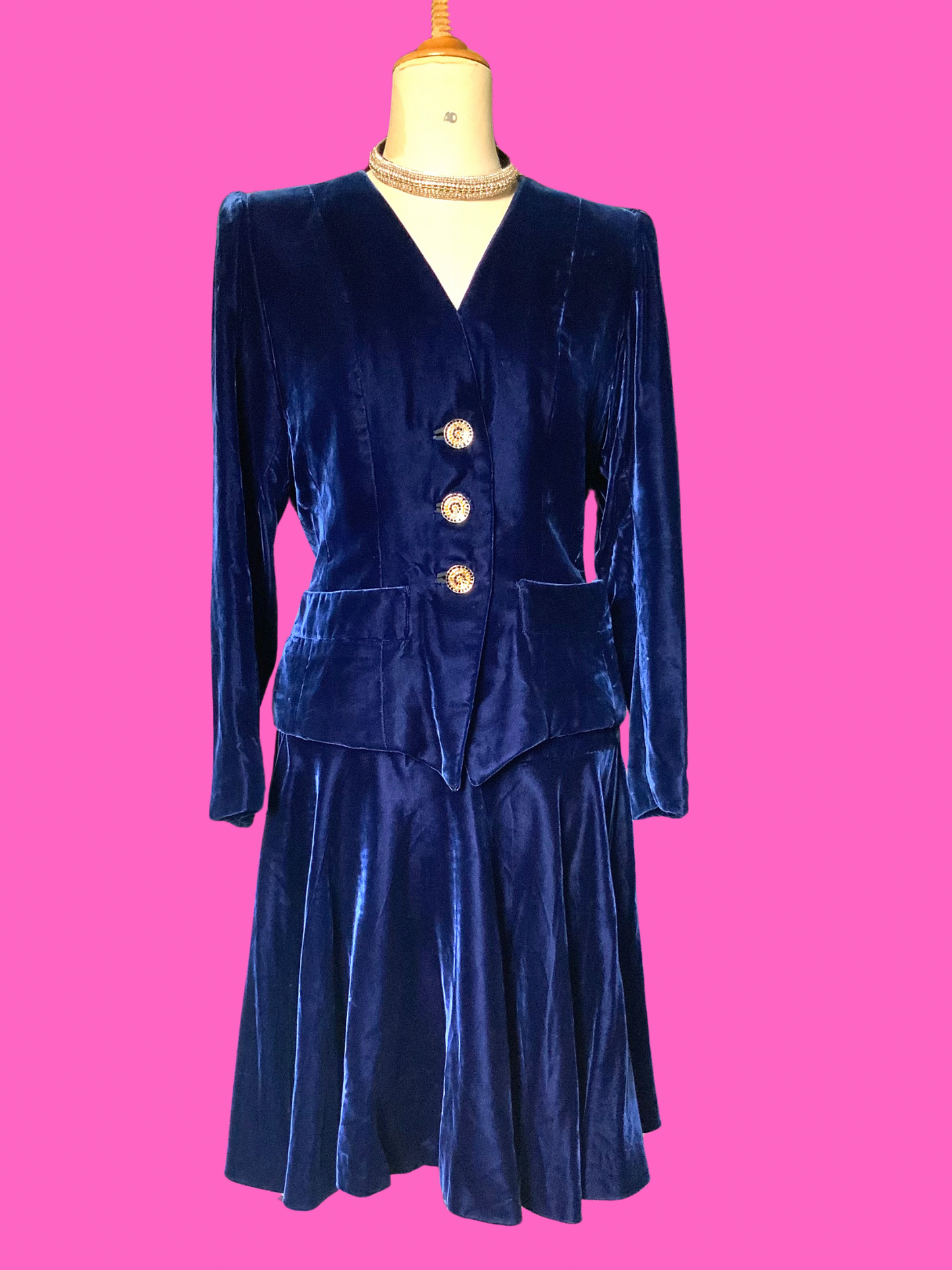 Ensemble veste et jupe en velours bleu Yves Saint Laurent rive gauche vintage 90