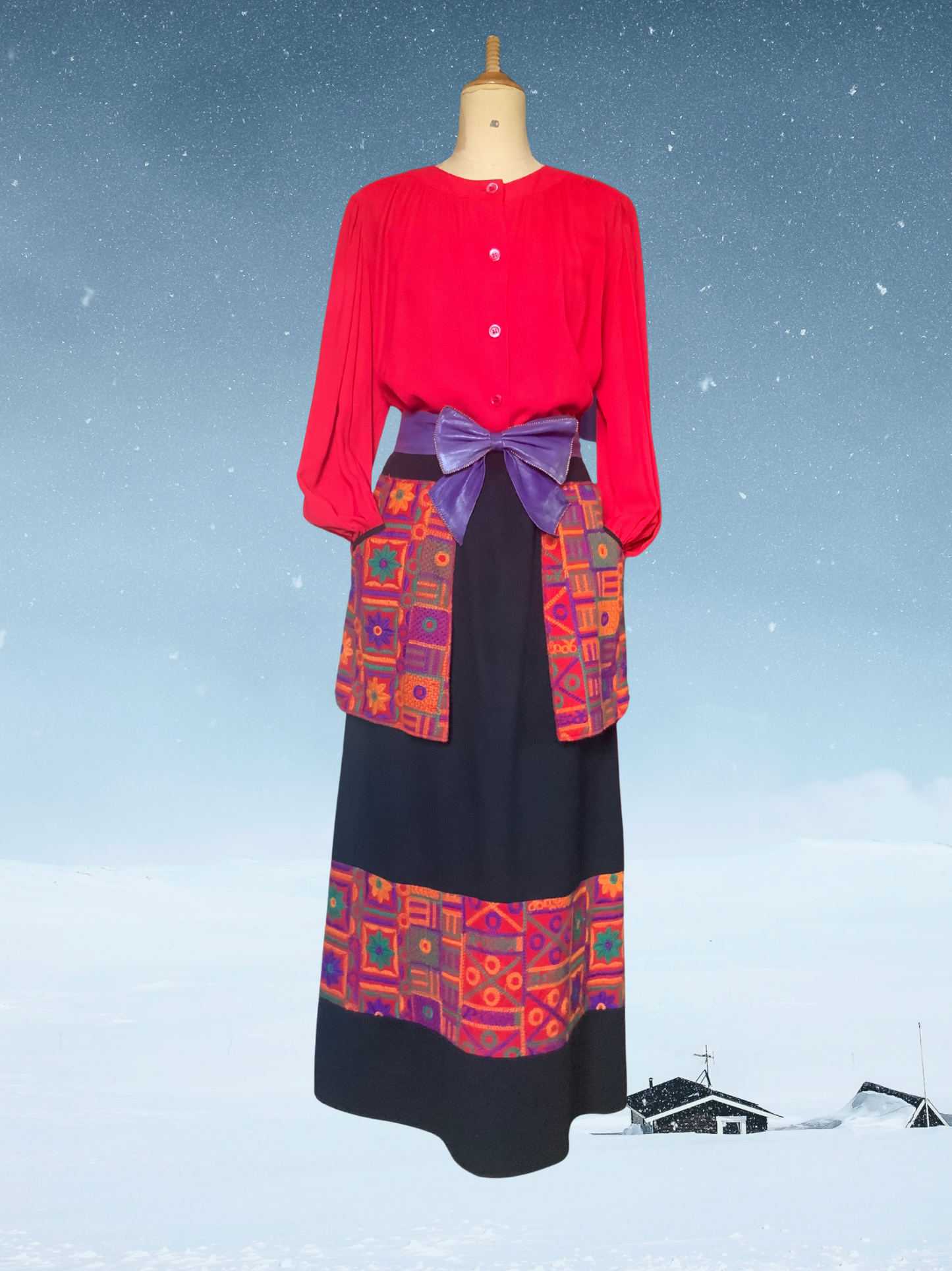 Jupe maxi Nathalie Garçon noire avec broderies multicolores