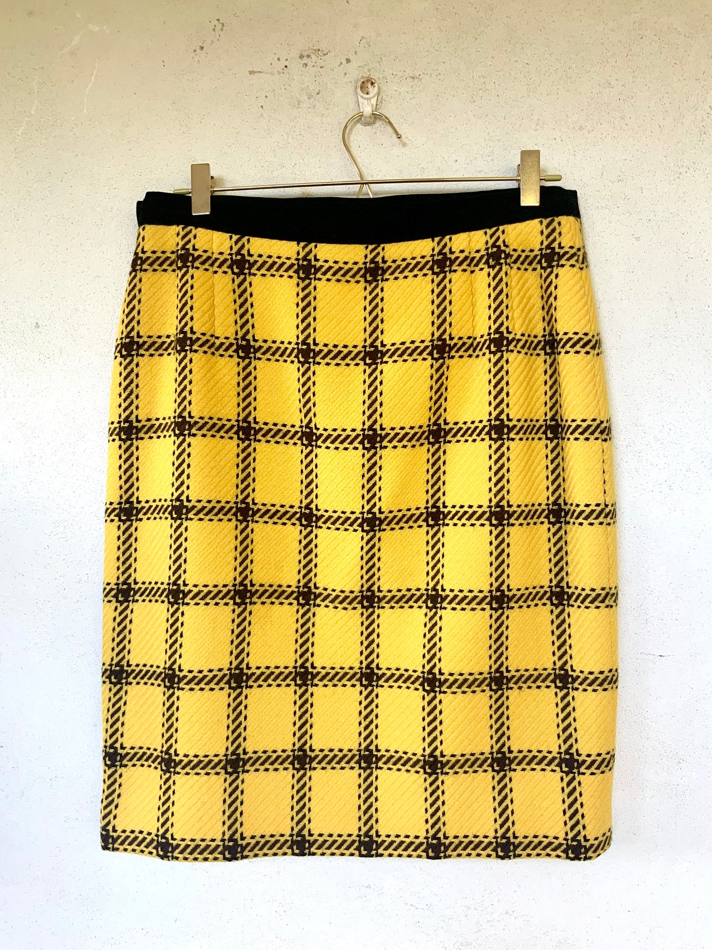 Jupe droite jaune quadrillée marron et noir  Escada vintage