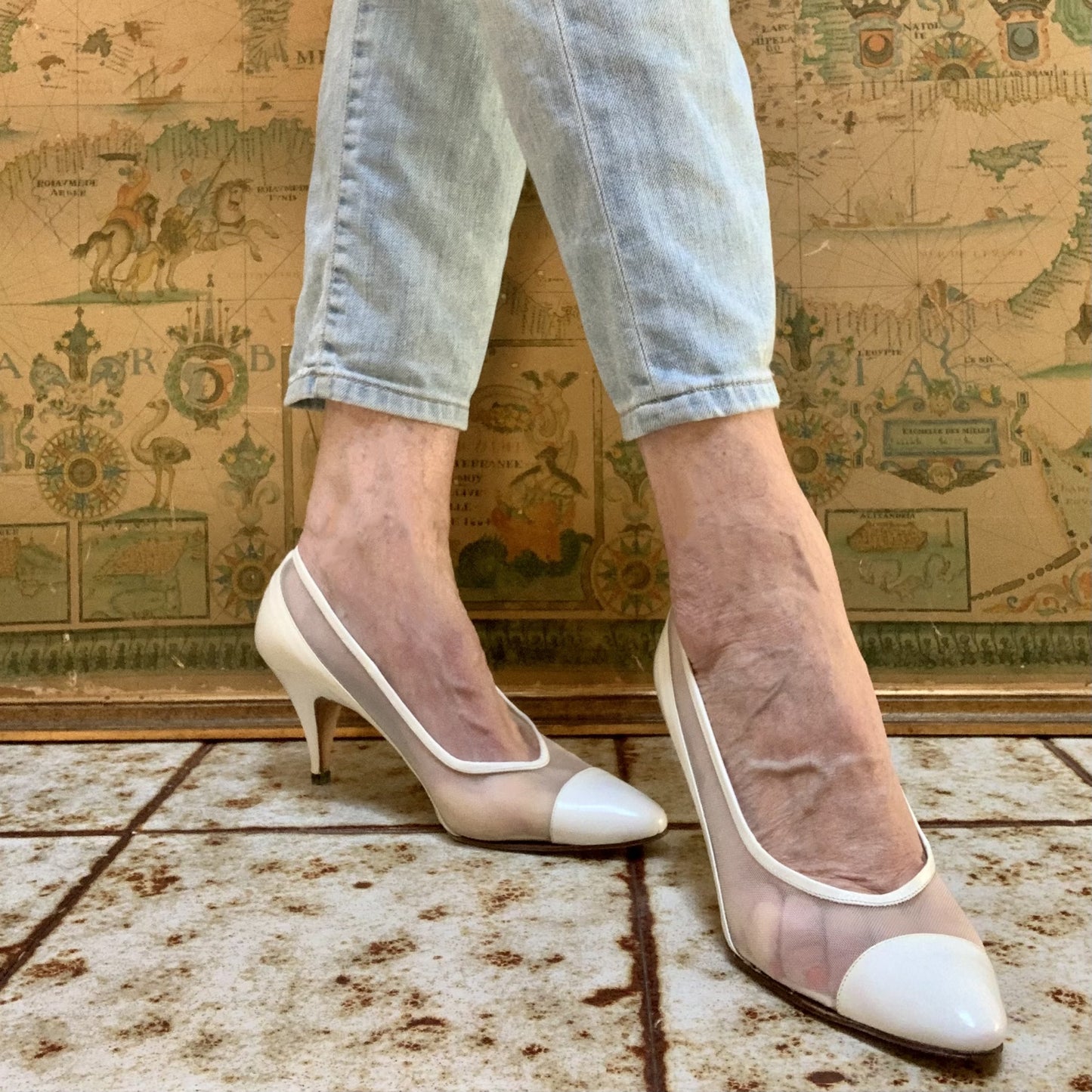 Escarpins cuir blanc et mesh Maud Frizon vintage