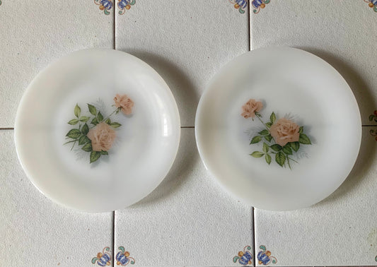 2 assiettes blanches décorées de roses ARCOPAL vintage années 70