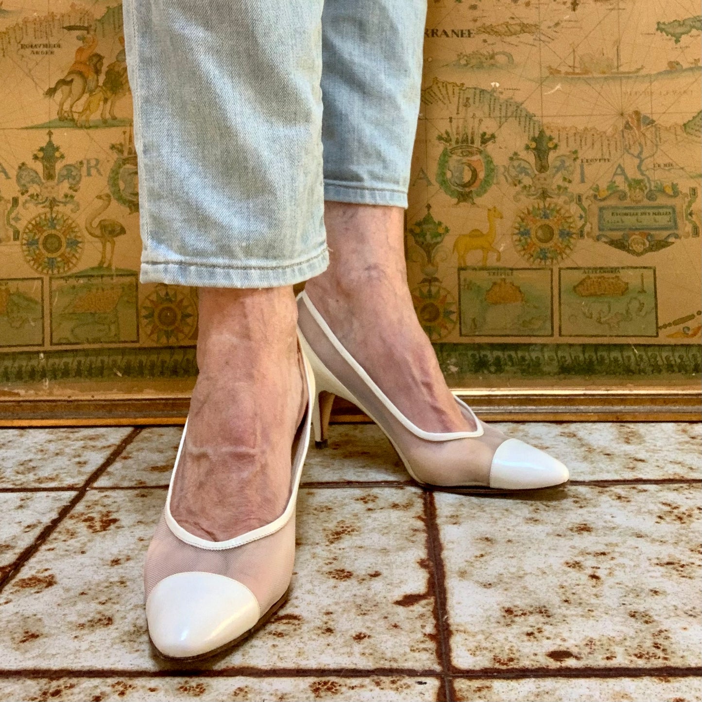 Escarpins cuir blanc et mesh Maud Frizon vintage