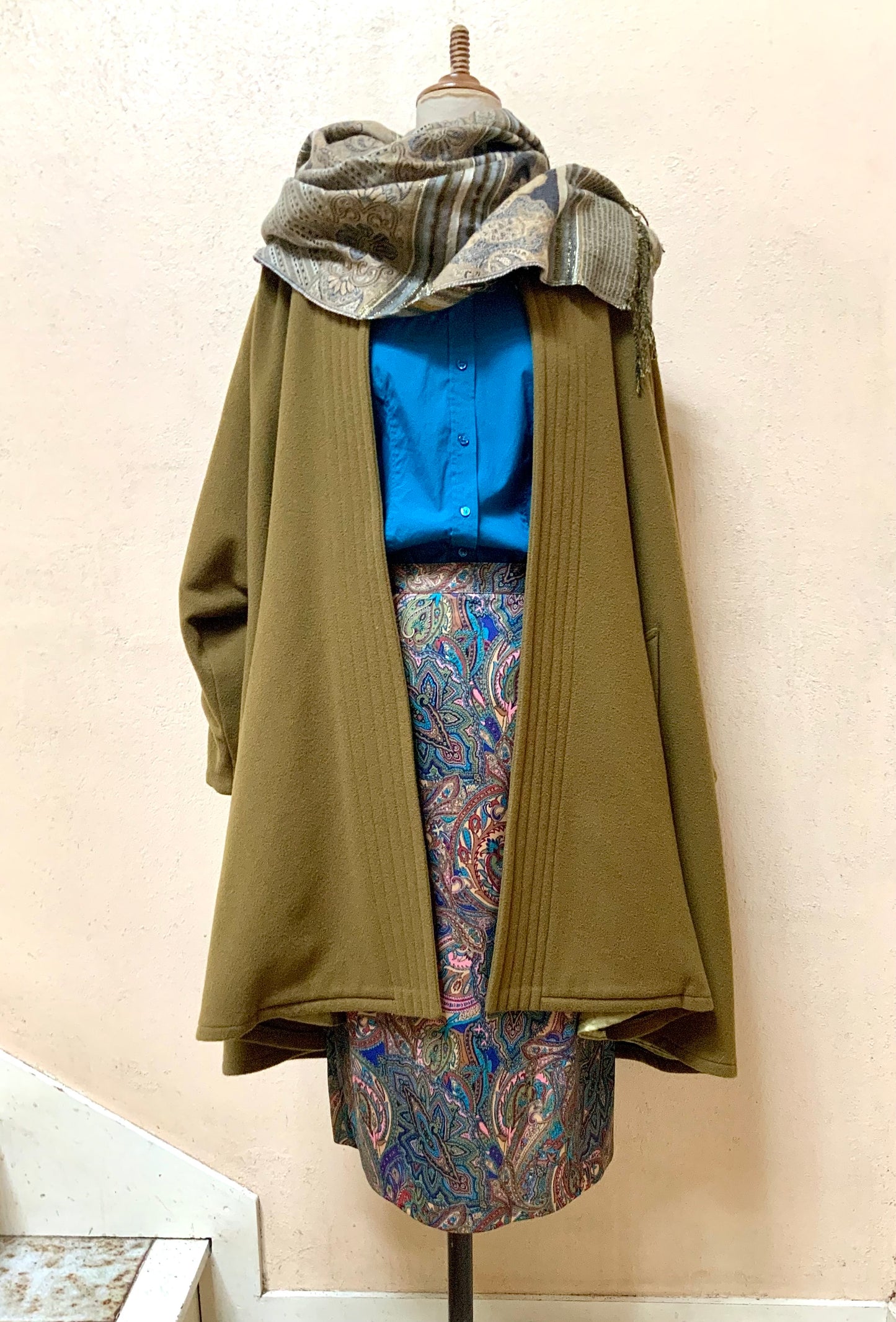 Manteau / Cape  oversize en laine vert kaki Optima vintage