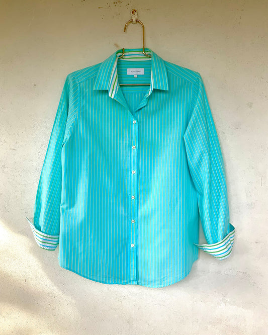 Chemise femme turquoise et rayures vertes et blanches Alain Figaret vintage