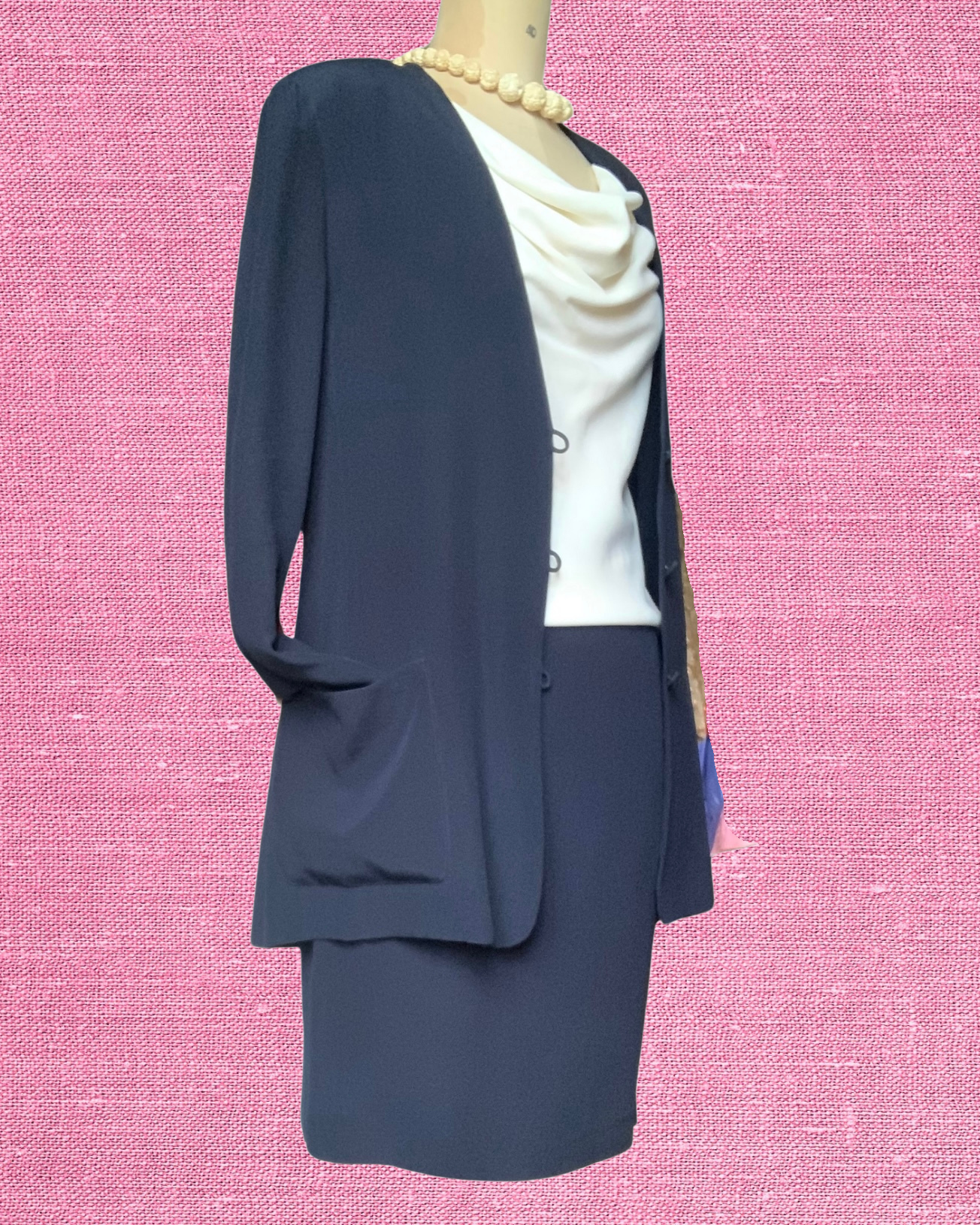 Ensemble veste et jupe en soie bleu marine CHACOK vintage 90
