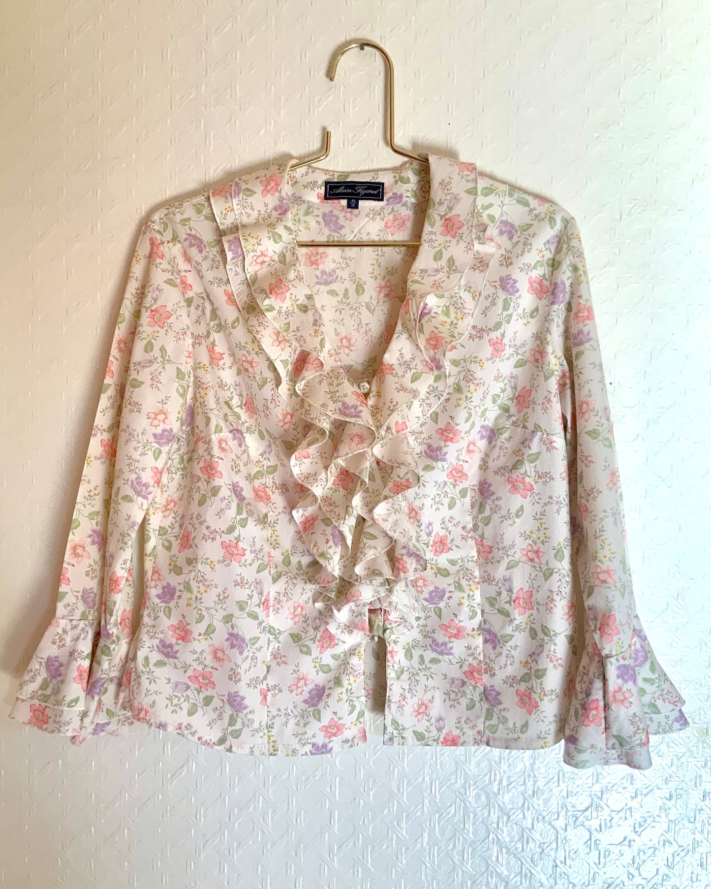 Chemisier femme decolleté volanté et motif fleuri Alain Figaret vintage 90