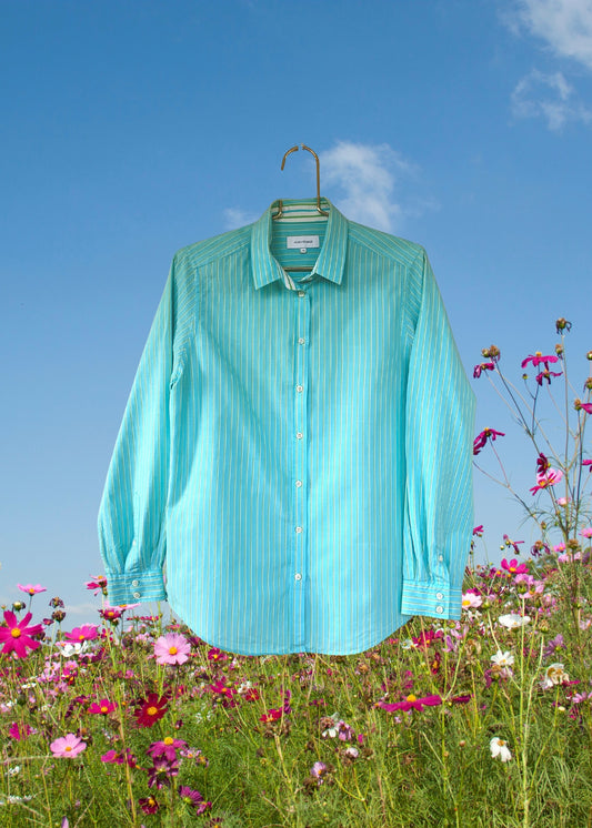 Chemise femme turquoise et rayures vertes et blanches Alain Figaret vintage