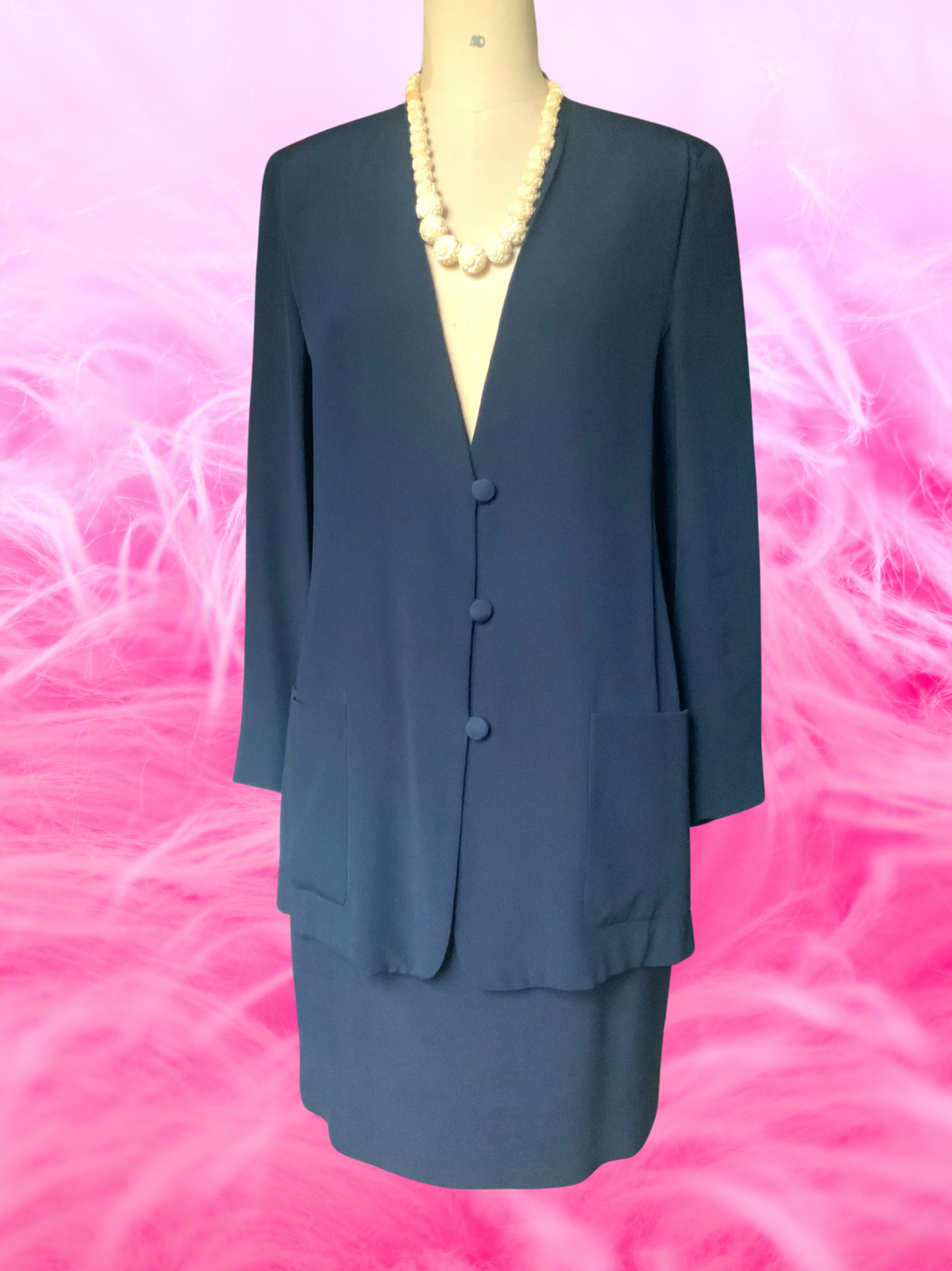 Ensemble veste et jupe en soie bleu marine CHACOK vintage 90