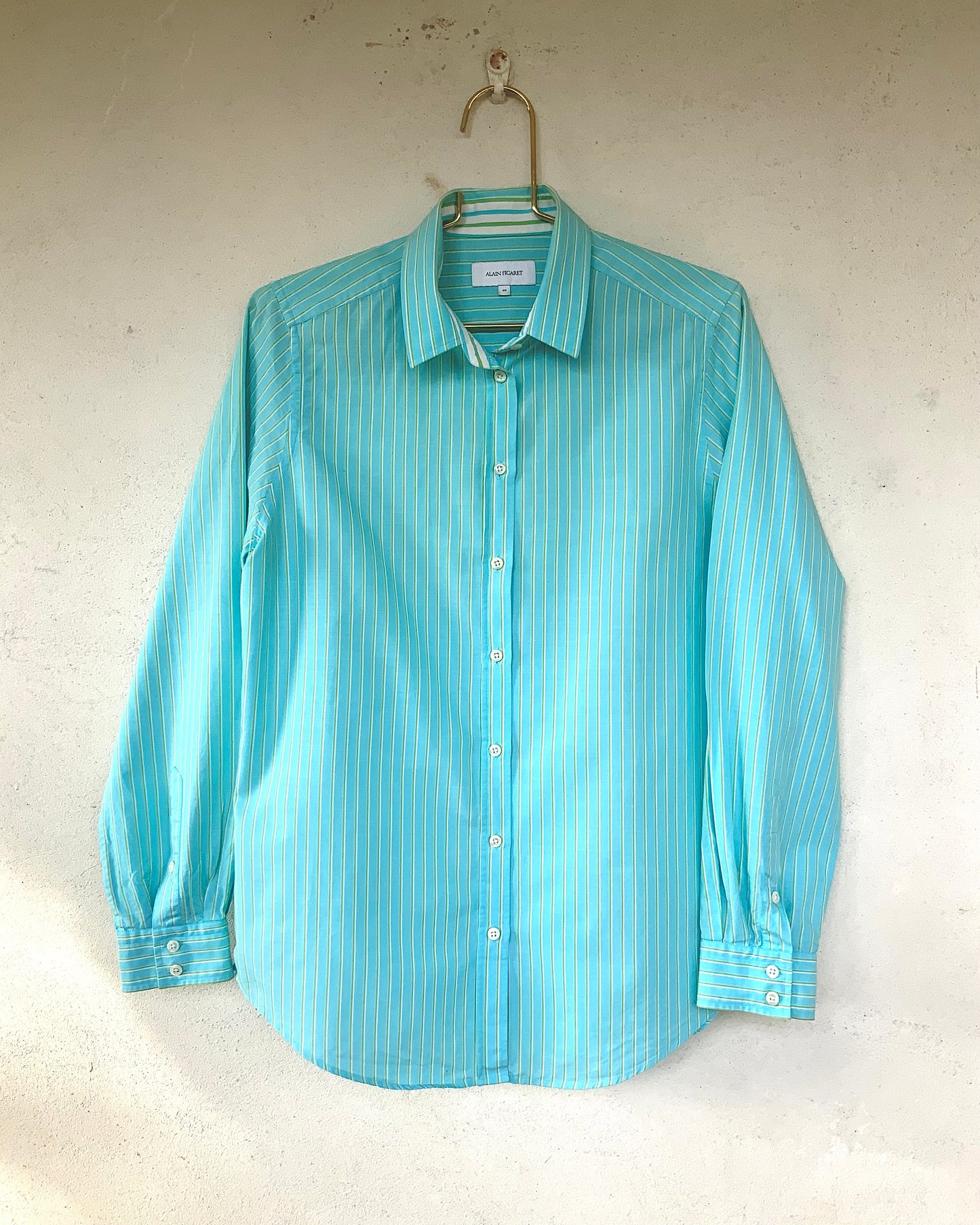 Chemise femme turquoise et rayures vertes et blanches Alain Figaret vintage