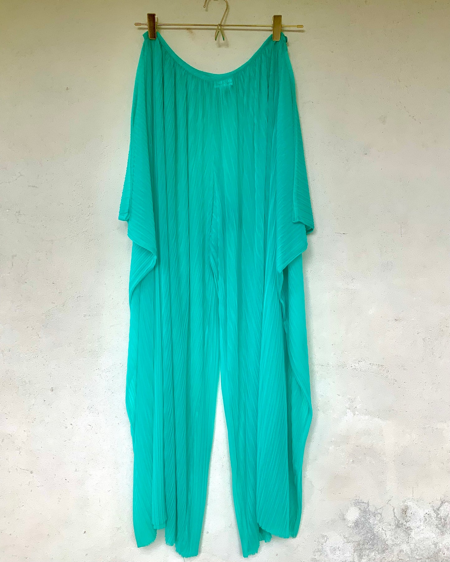 Pantalon large en voile plissé turquoise vintage Rachel Papo