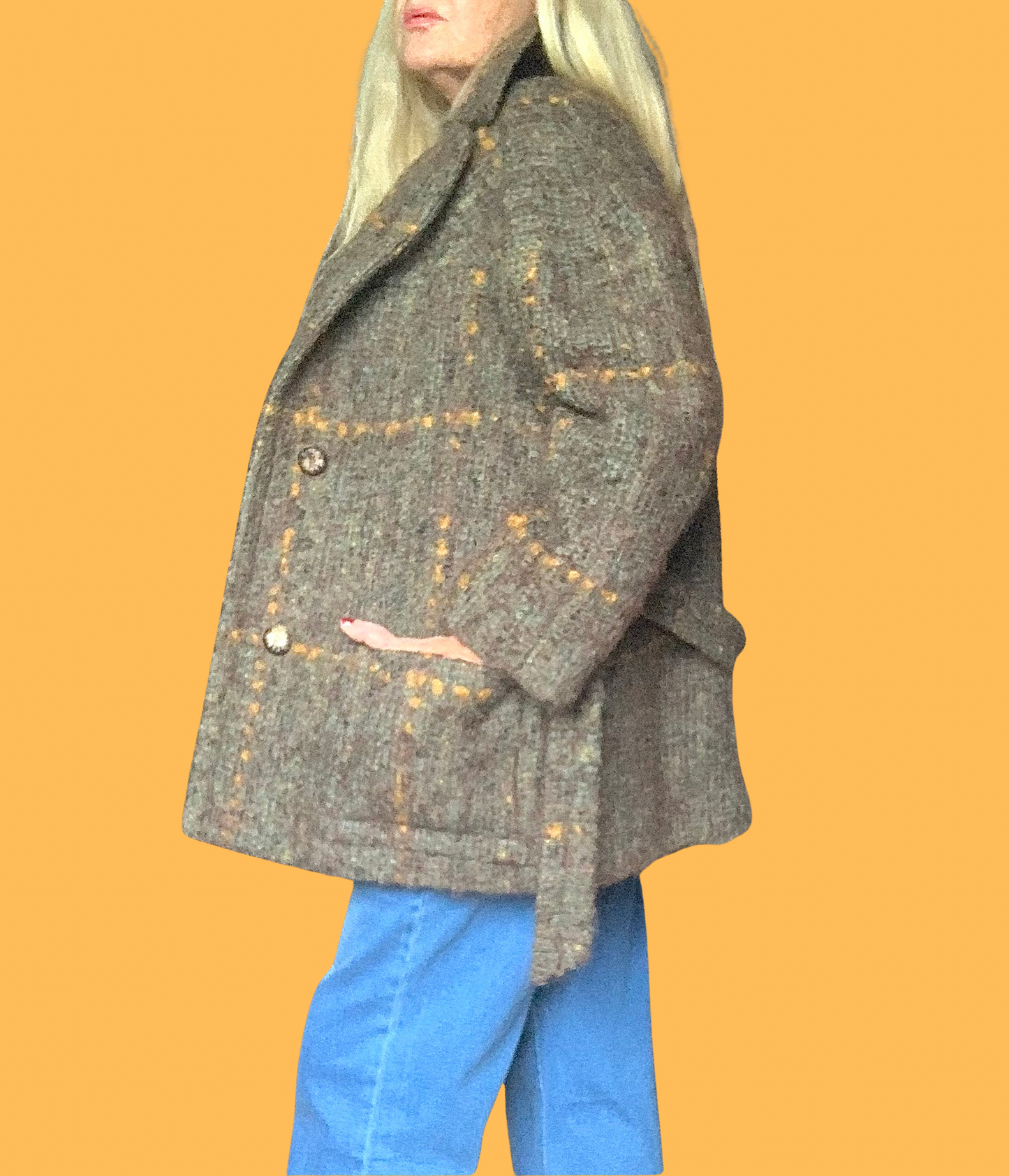 Caban femme Hermès en laine bouclette vert kaki / marron