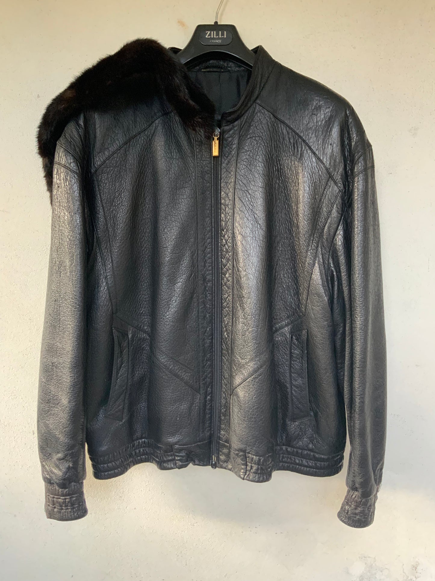 Blouson cuir pécari noir et col vison ZILLI vintage