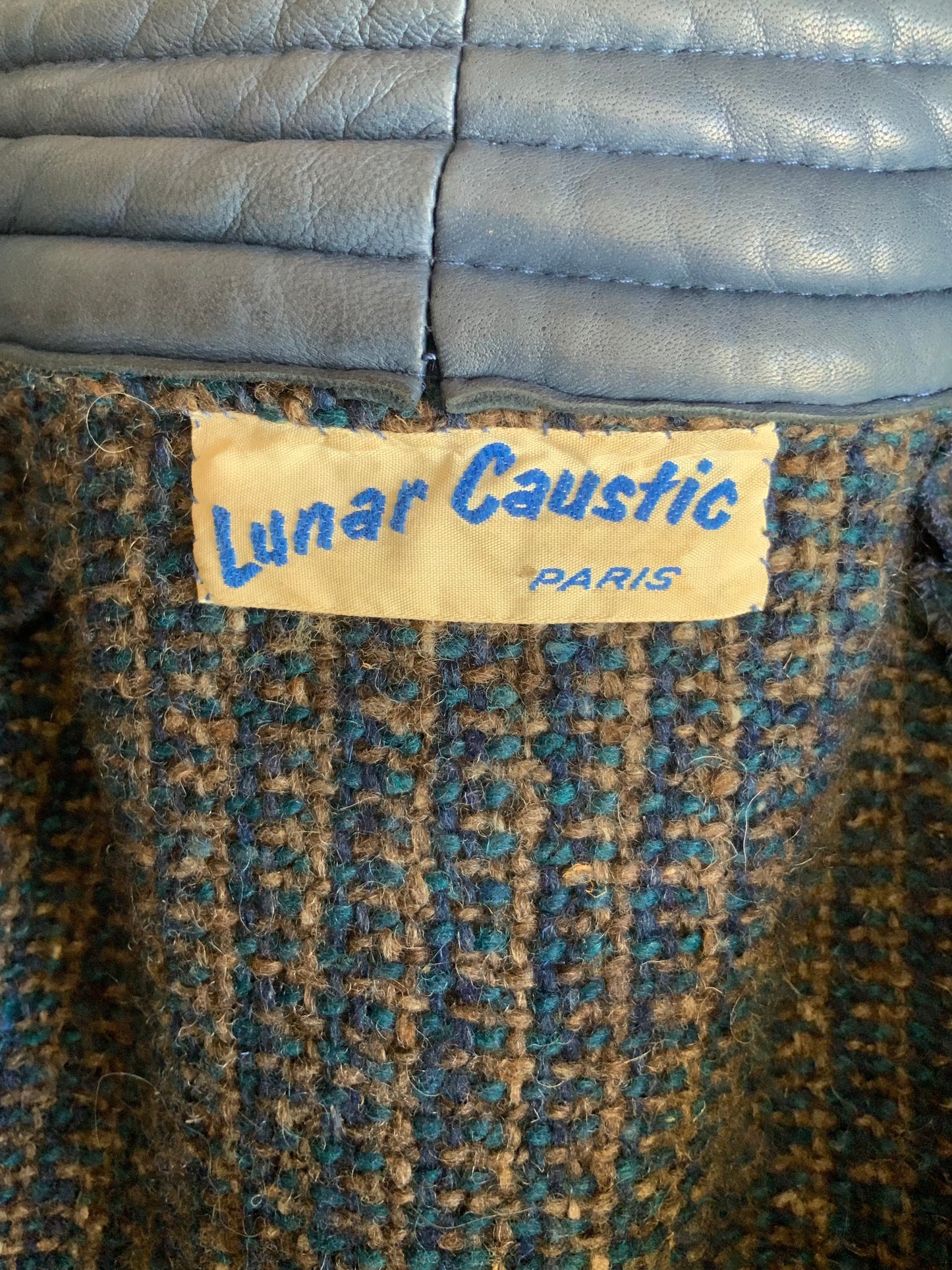 Veste en tweed et cuir bleu Lunar Caustic Paris vintage