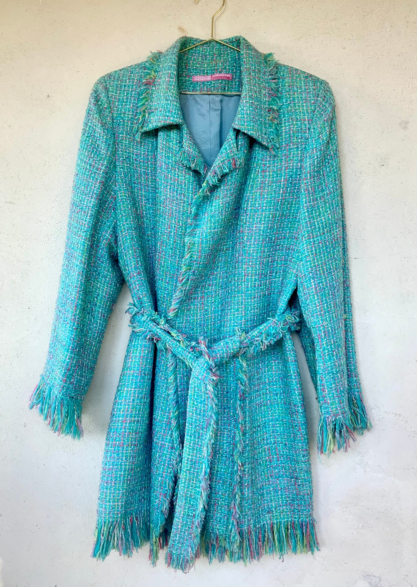 Veste longue en tweed turquoise Maxime Paris vintage