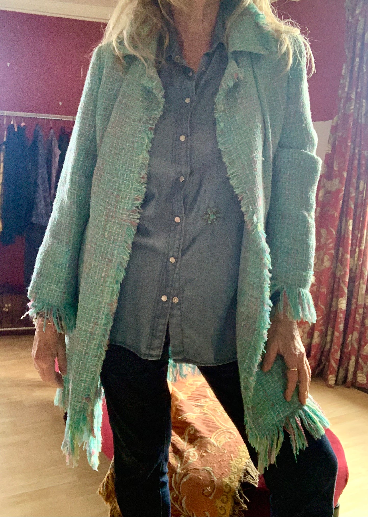 Veste longue en tweed turquoise Maxime Paris vintage