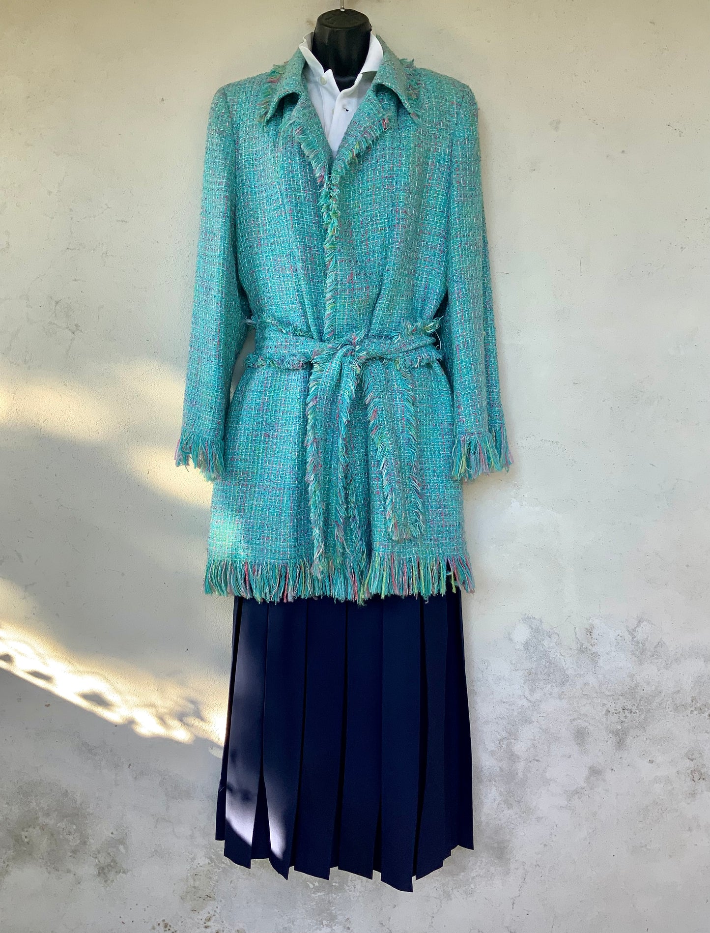 Veste longue en tweed turquoise Maxime Paris vintage