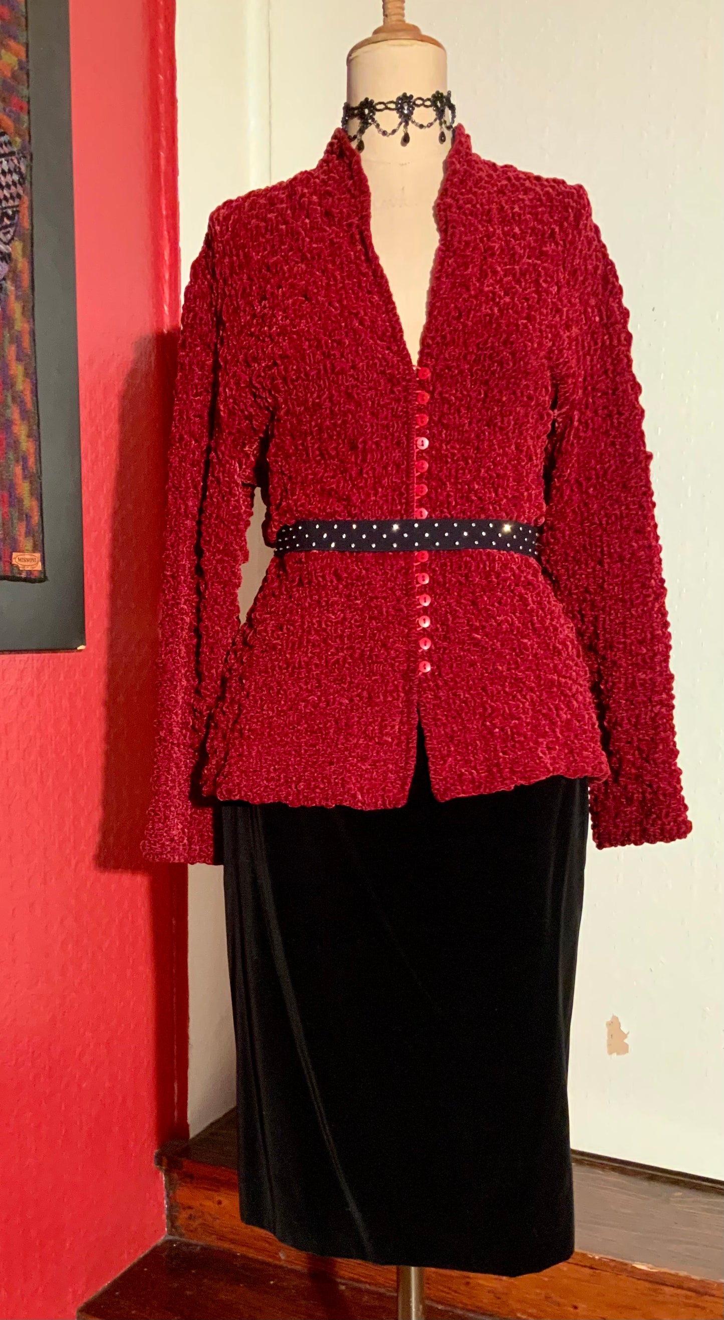 Veste en maille velours rouge Chacok vintage