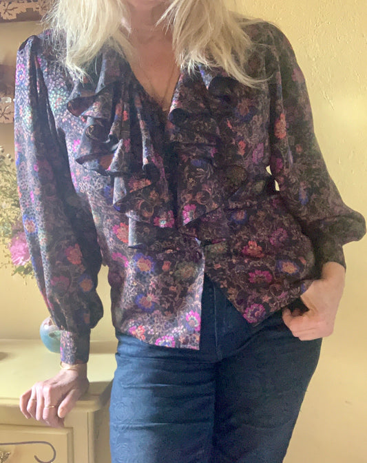 Blouse à jabot , fleurie multicolore Pierbé vintage